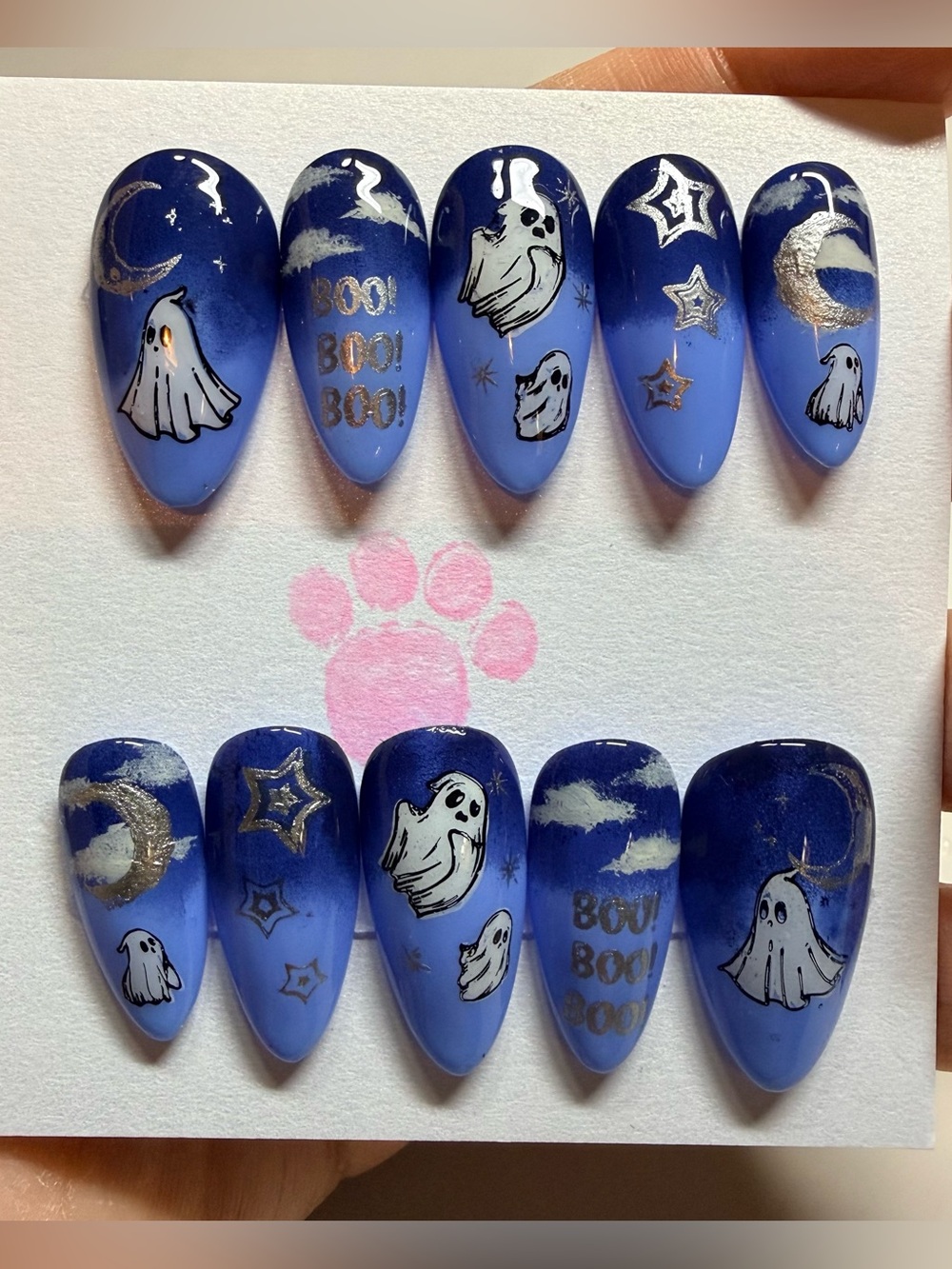 Blue Ghost Print medium almond Nail Art Set size large